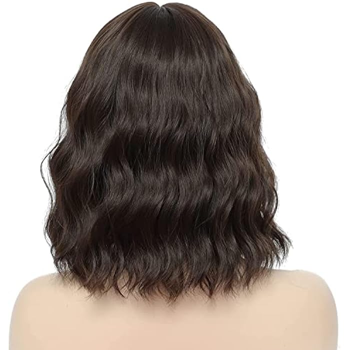 DILLARDS 14 Inch Short Wavy Dark Brown Bob Wigs With Bangs Short Dark Brown Curly Wig For Women,Heat Resistant Synthetic Natural Looking Cosplay Bob Wigs (Dark Brown) - Image 2